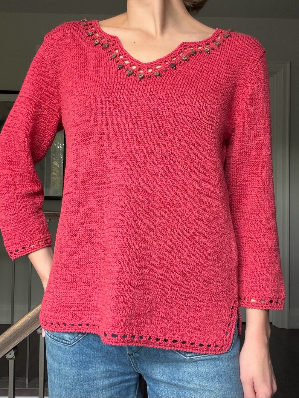 cleo Coral Pink V-Neck Knit Sweater with Beaded Trim